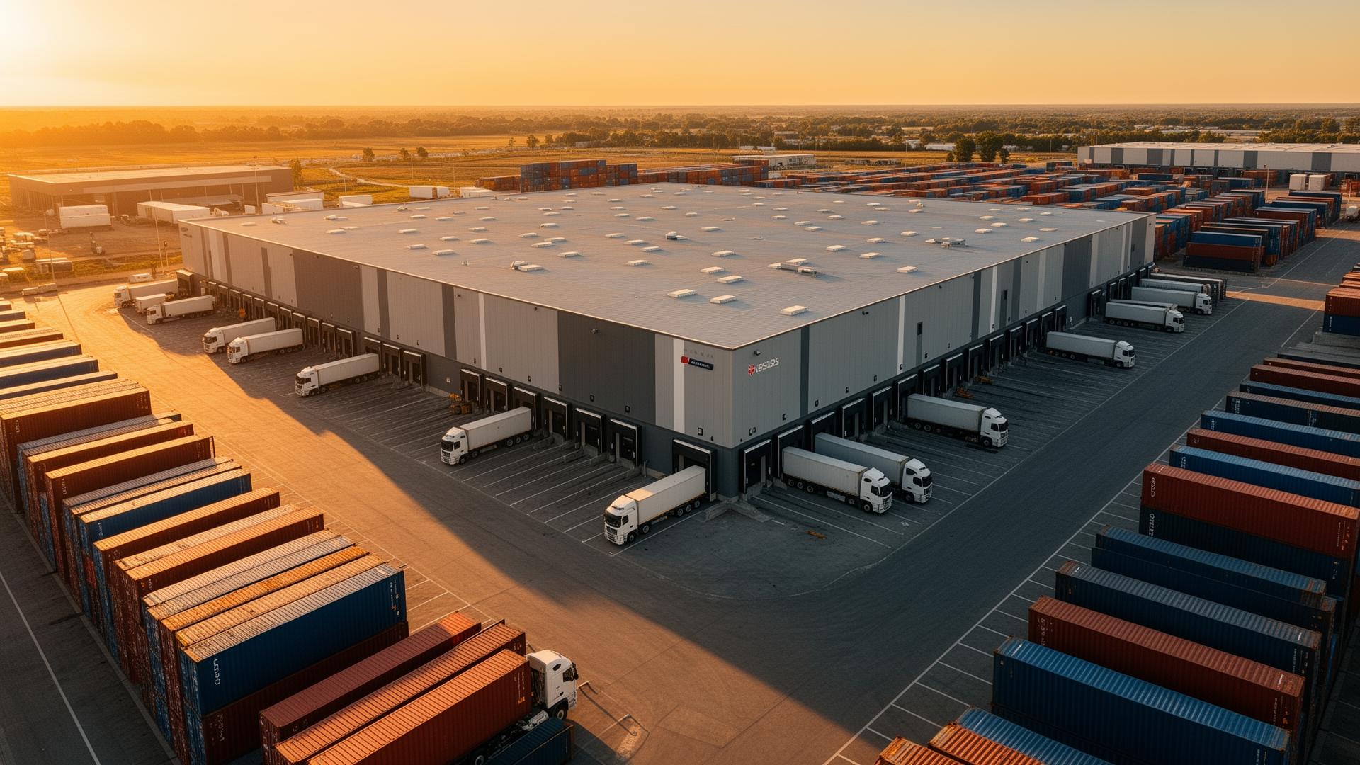 Modern logistics hub with shipping containers and trucks
